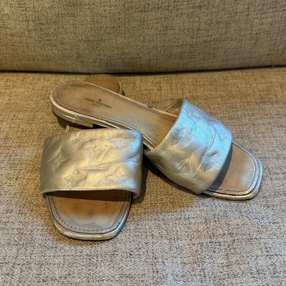 Louis Vuitton "Revival" Silver Flat Mules/Slides Used CoA included